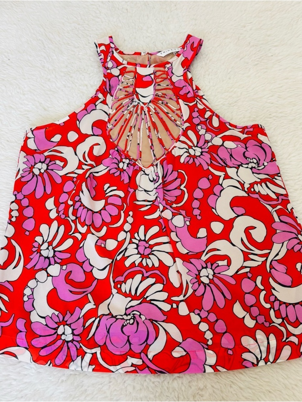 Trina Turk  Silky Pink White Orange Floral Cutout Halter Blouse size M